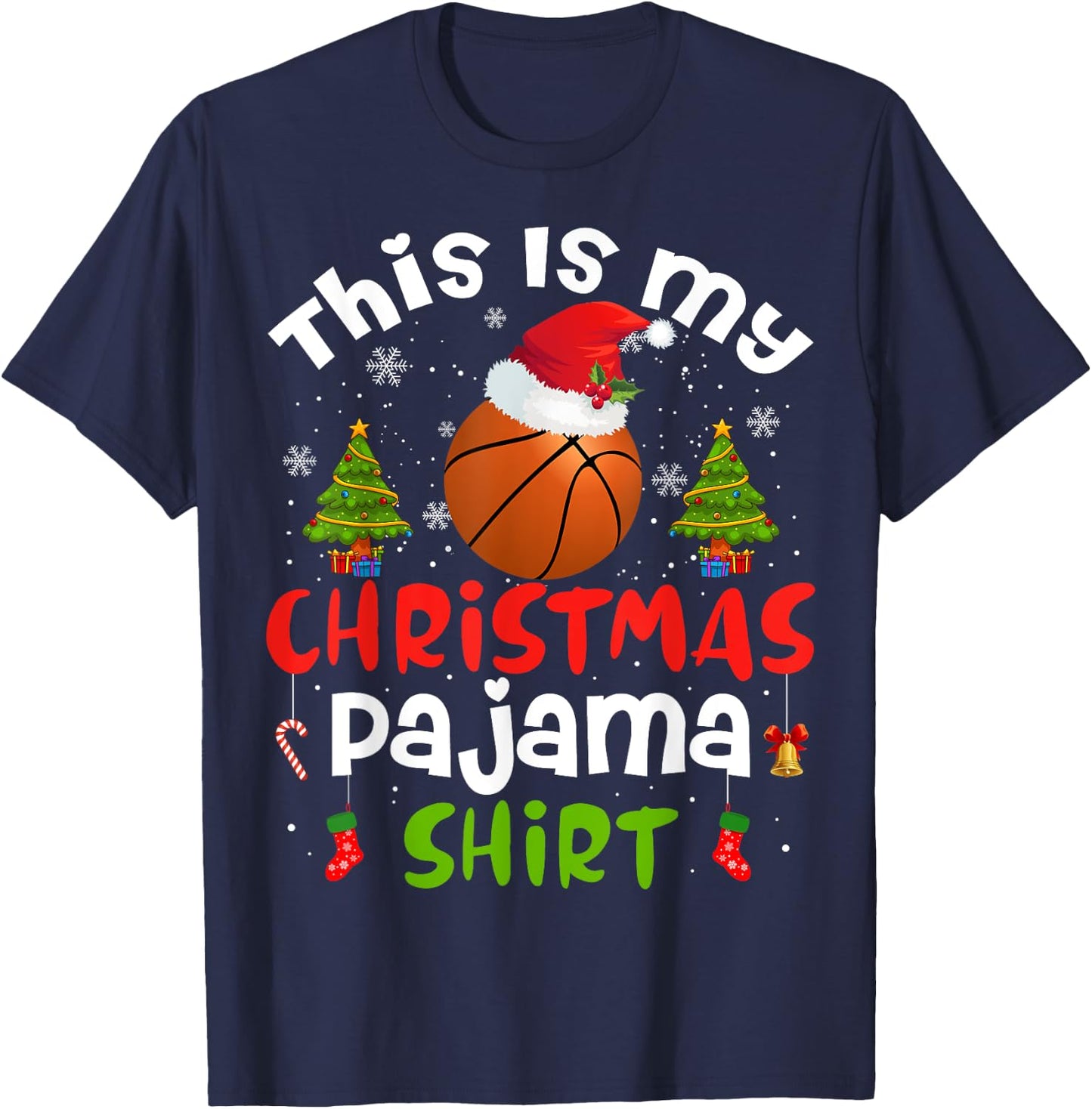 This Is My Christmas Pajama Shirt Basketball Santa Hat Gift T-Shirt - T-Shirt | Navy