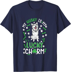 My Husky is My Lucky Charm Shamrock paw dog st Patrick's day T-Shirt - T-Shirt | Navy