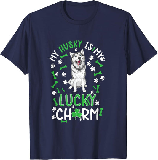 My Husky is My Lucky Charm Shamrock paw dog st Patrick's day T-Shirt - T-Shirt | Navy