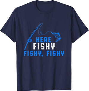 Here Fishy Fisherman Fishing Rod Sea Hobby Water Sports T-Shirt - T-Shirt | Navy