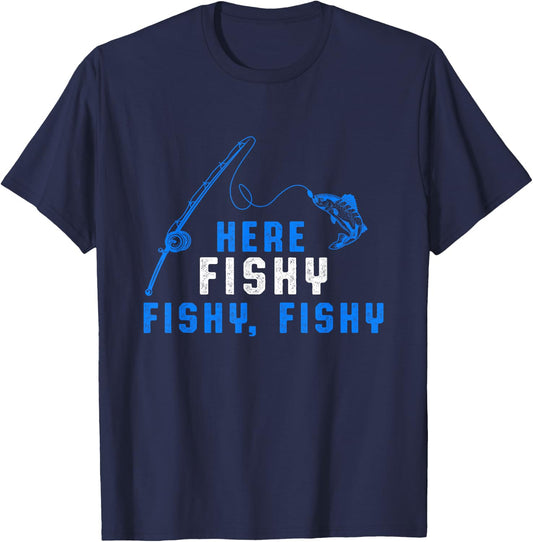 Here Fishy Fisherman Fishing Rod Sea Hobby Water Sports T-Shirt - T-Shirt | Navy