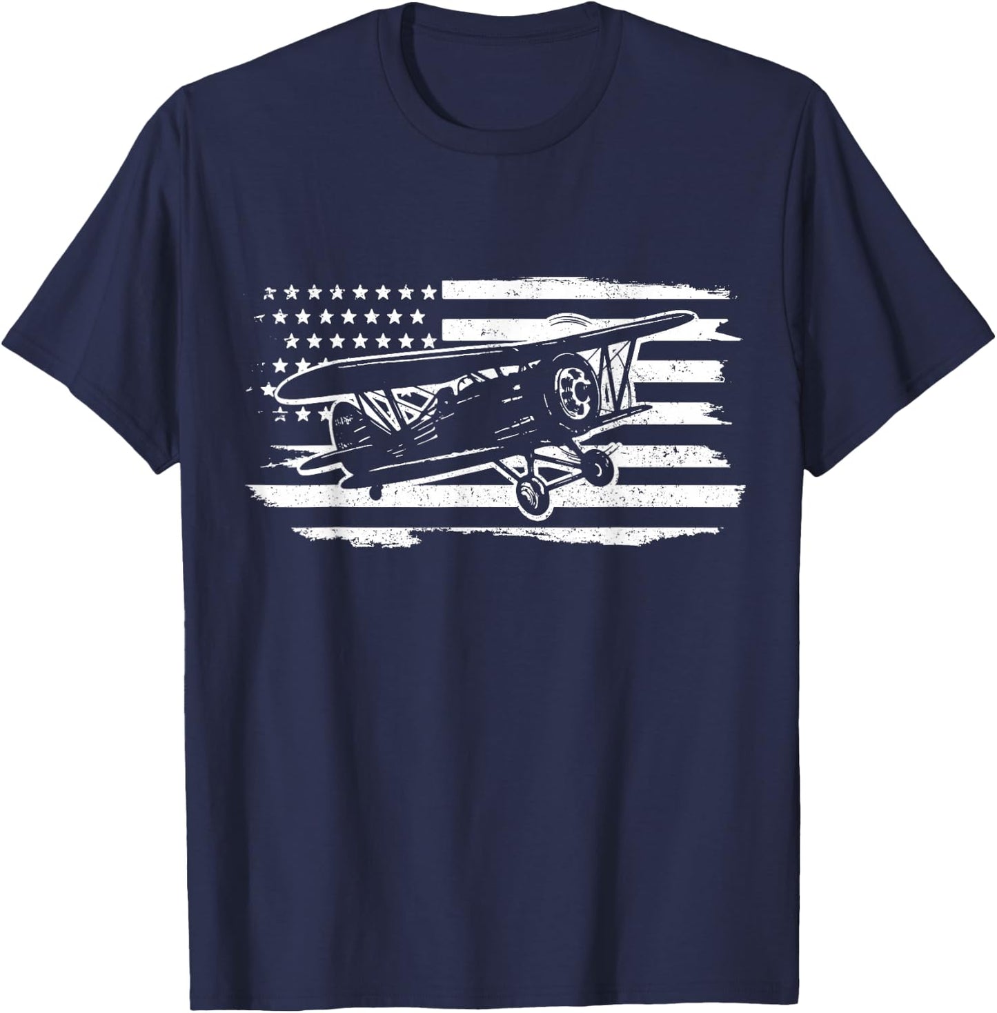Airplane Pilot Vintage Patriotic Flag Biplane Plane Aviation T-Shirt - T-Shirt | Navy