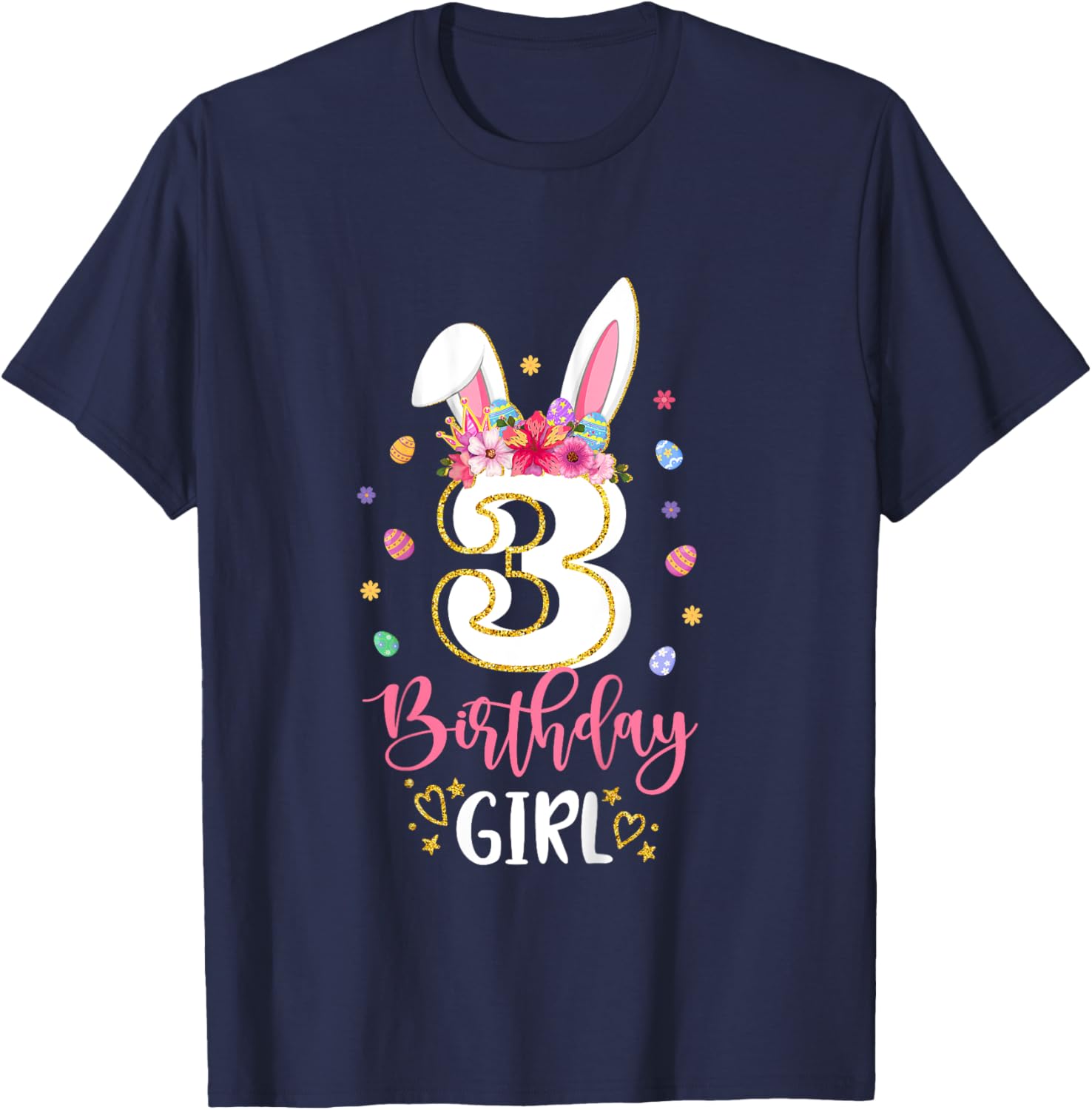 Birthday Princess Floral Bunny 3rd Birthday Girl 3 Yrs Old T-Shirt - T-Shirt | Navy