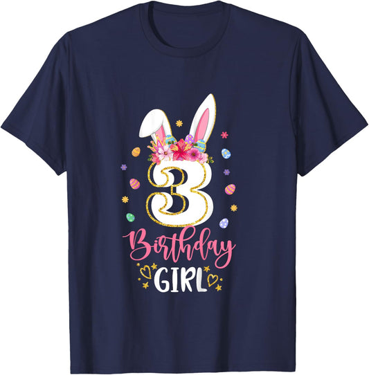 Birthday Princess Floral Bunny 3rd Birthday Girl 3 Yrs Old T-Shirt - T-Shirt | Navy