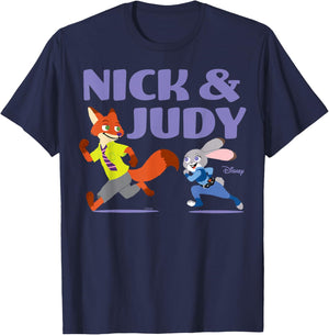 Zootopia - Nick And Judy Running Together T-Shirt - T-Shirt | Navy