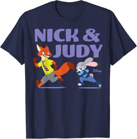 Zootopia - Nick And Judy Running Together T-Shirt - T-Shirt | Navy