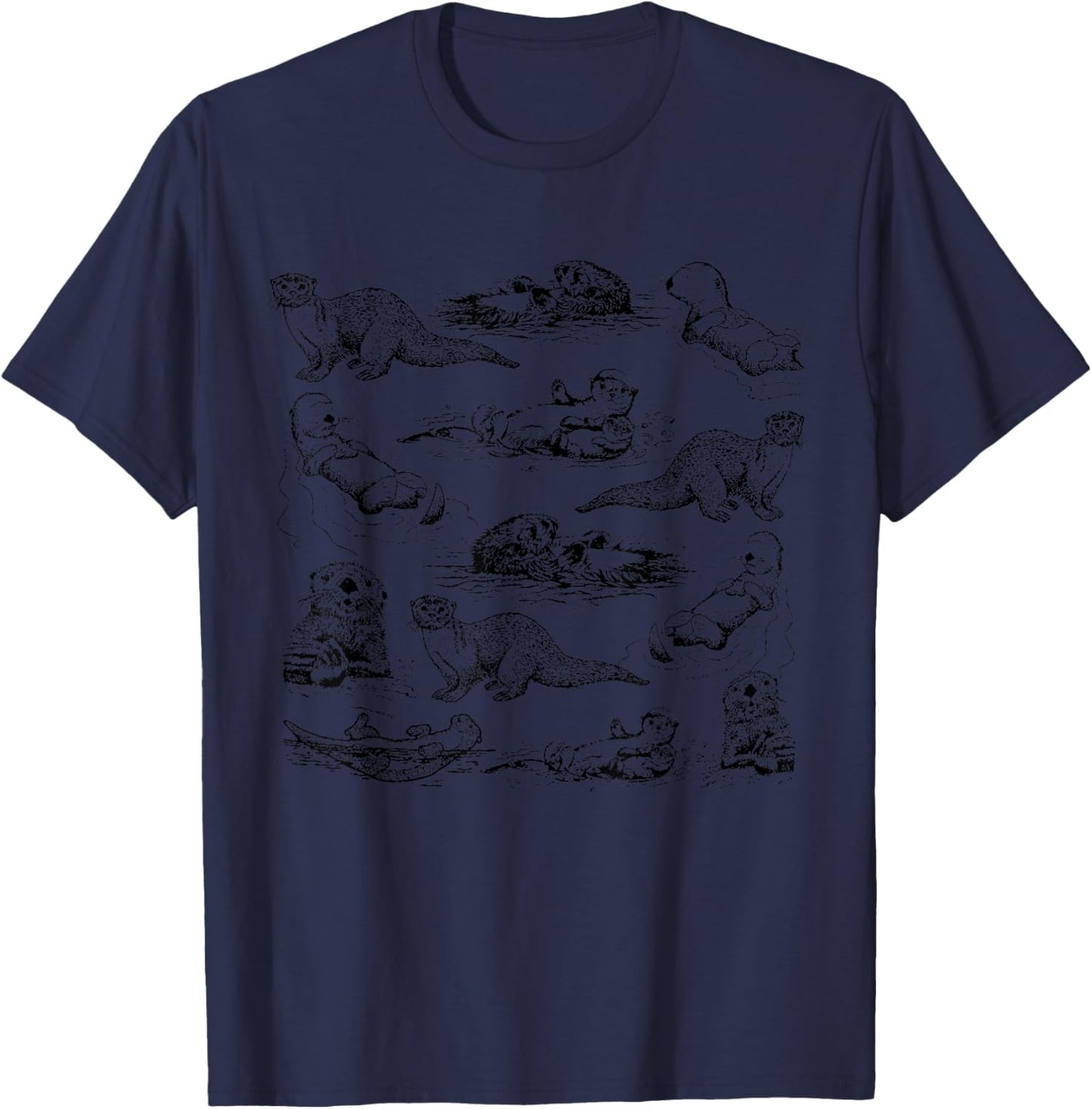 Funny Otter's Life Adorable Sea Otters Drawing Artwork T-Shirt - T-Shirt | Navy