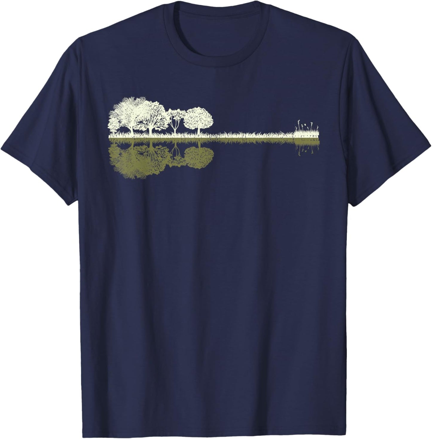 Nature Acoustic Guitar - Forest Wooden Guitar Trees Sundown T-Shirt - T-Shirt | Navy