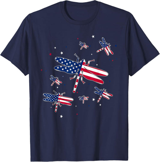 Cute Dragonfly Patriotic Women Girl 4Th of July Fireworks T-Shirt - T-Shirt | Navy