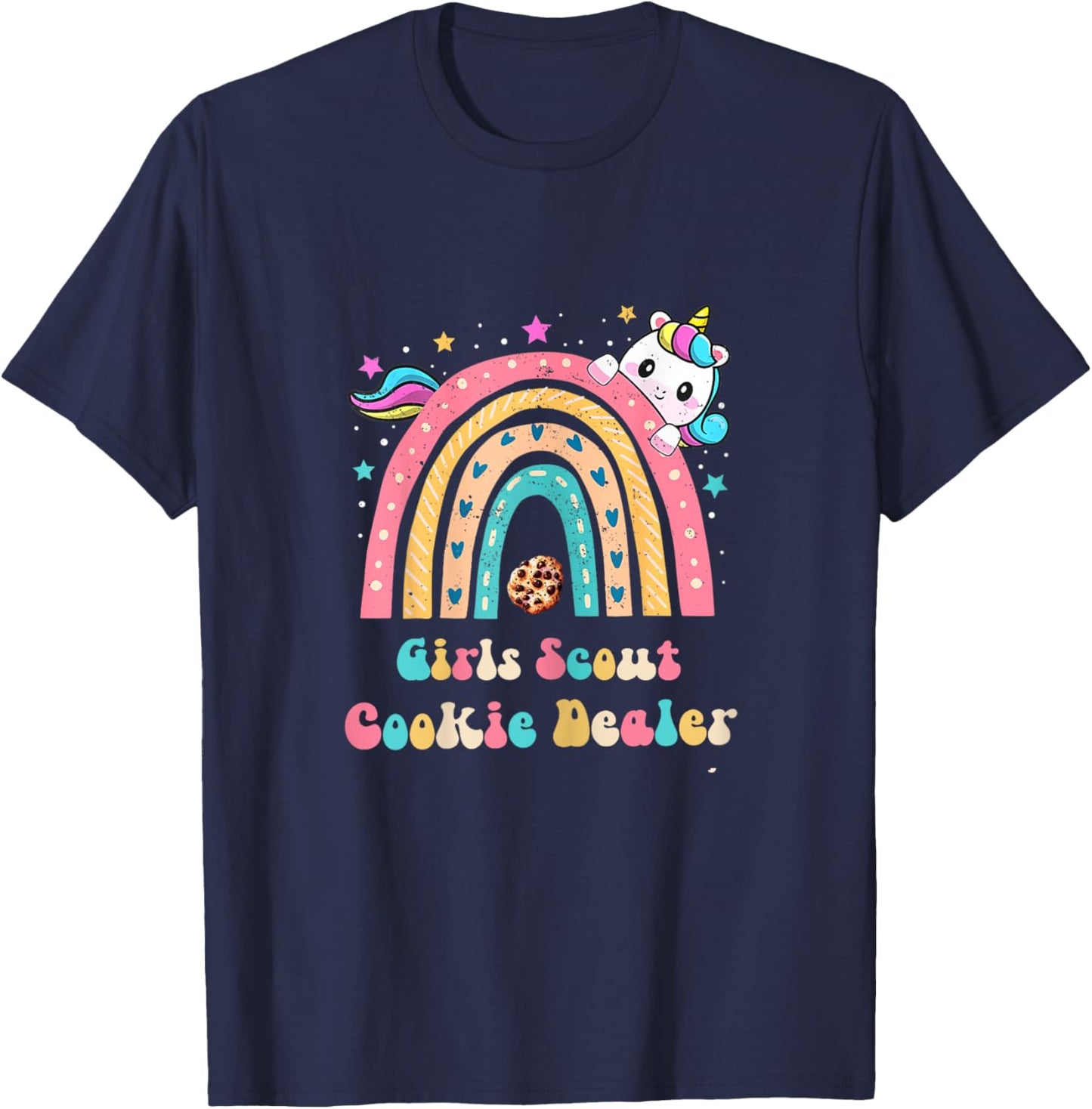 Scouts for Girls Cookie Dealer : Rainbow and Unicorn Design T-Shirt - T-Shirt | Navy