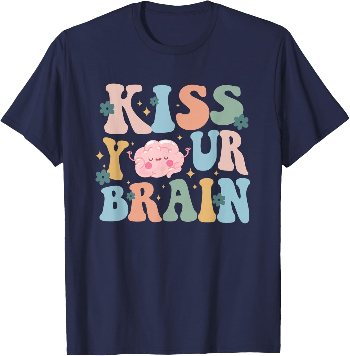 Kiss Your Brain Teacher Inspire Educate Groovy Retro Vintage T-Shirt - T-Shirt | Navy