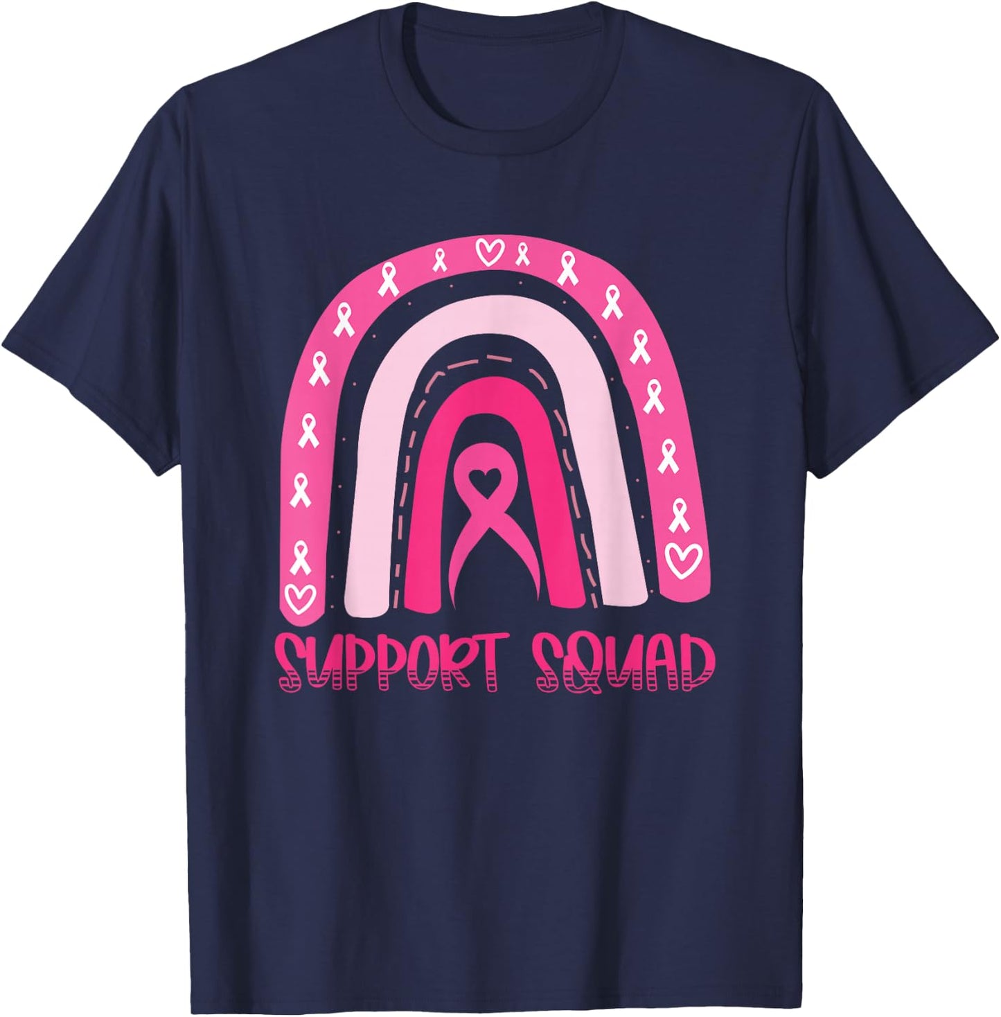 Support Squad Pink Rainbow Ribbon Breast Cancer Awareness T-Shirt - T-Shirt | Navy