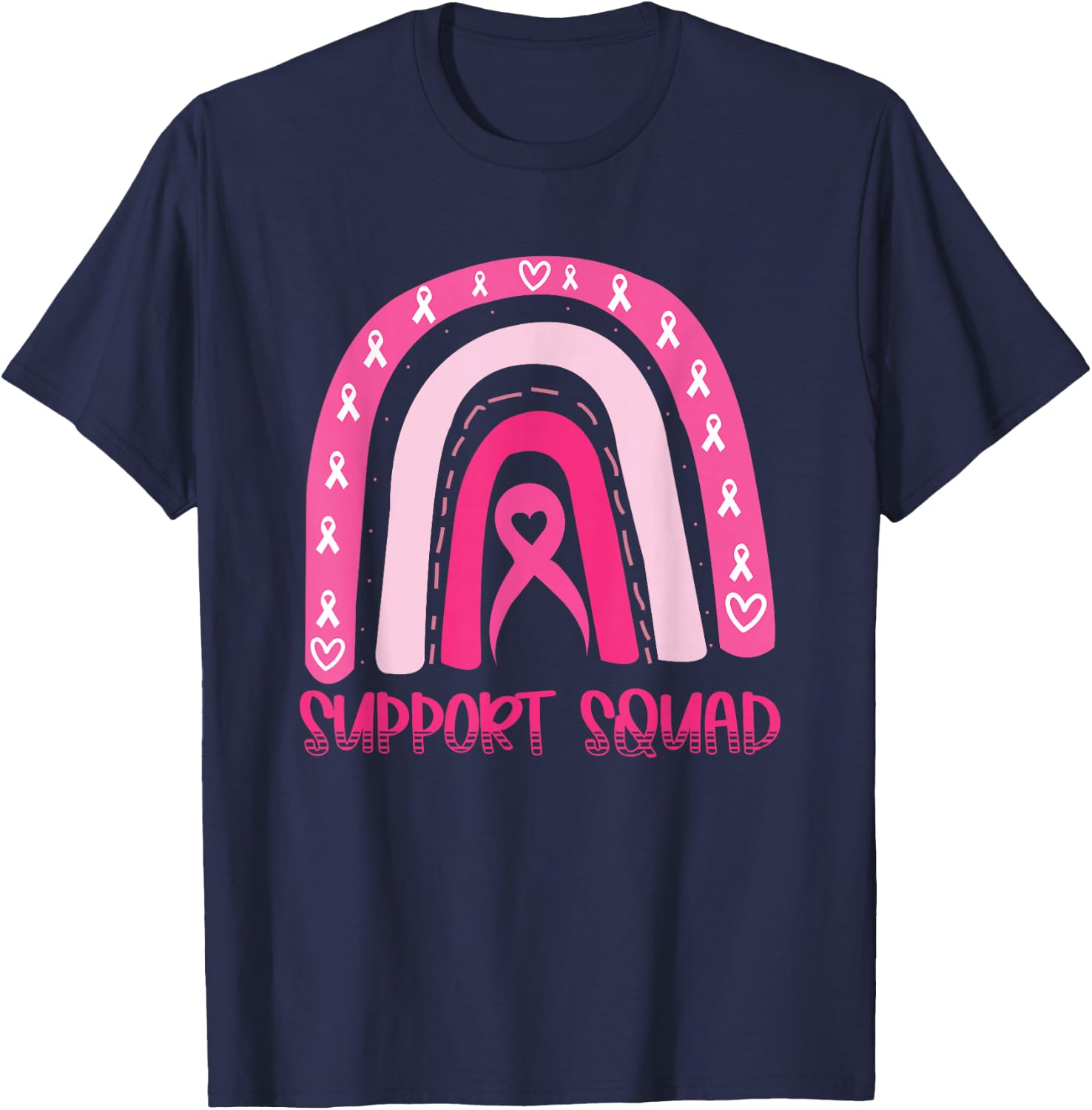 Support Squad Pink Rainbow Ribbon Breast Cancer Awareness T-Shirt - T-Shirt | Navy
