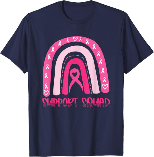 Support Squad Pink Rainbow Ribbon Breast Cancer Awareness T-Shirt - T-Shirt | Navy