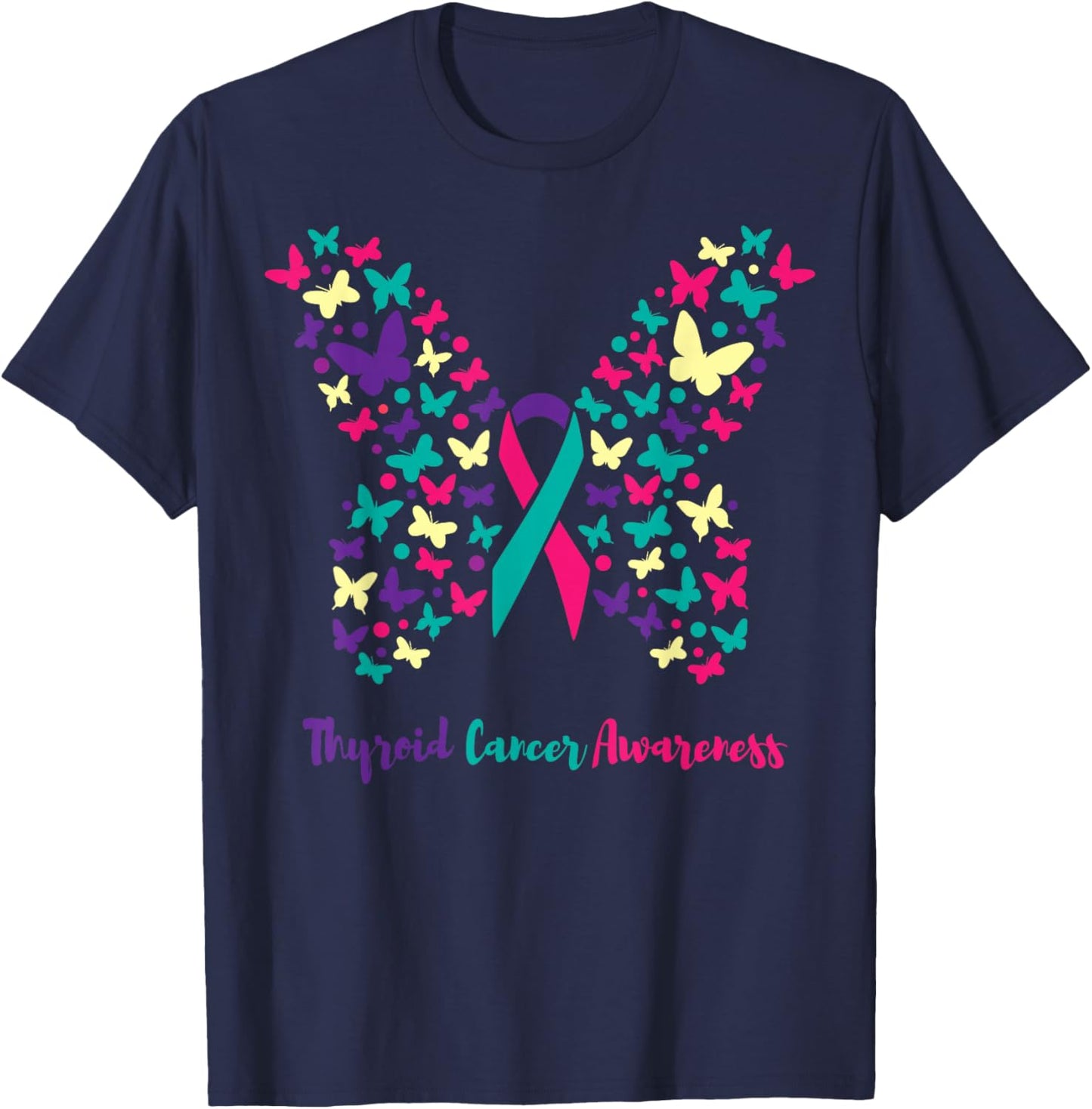 Thyroid Cancer Awareness Shirt, Butterfly Teal, Pink, Purple T-Shirt - T-Shirt | Navy