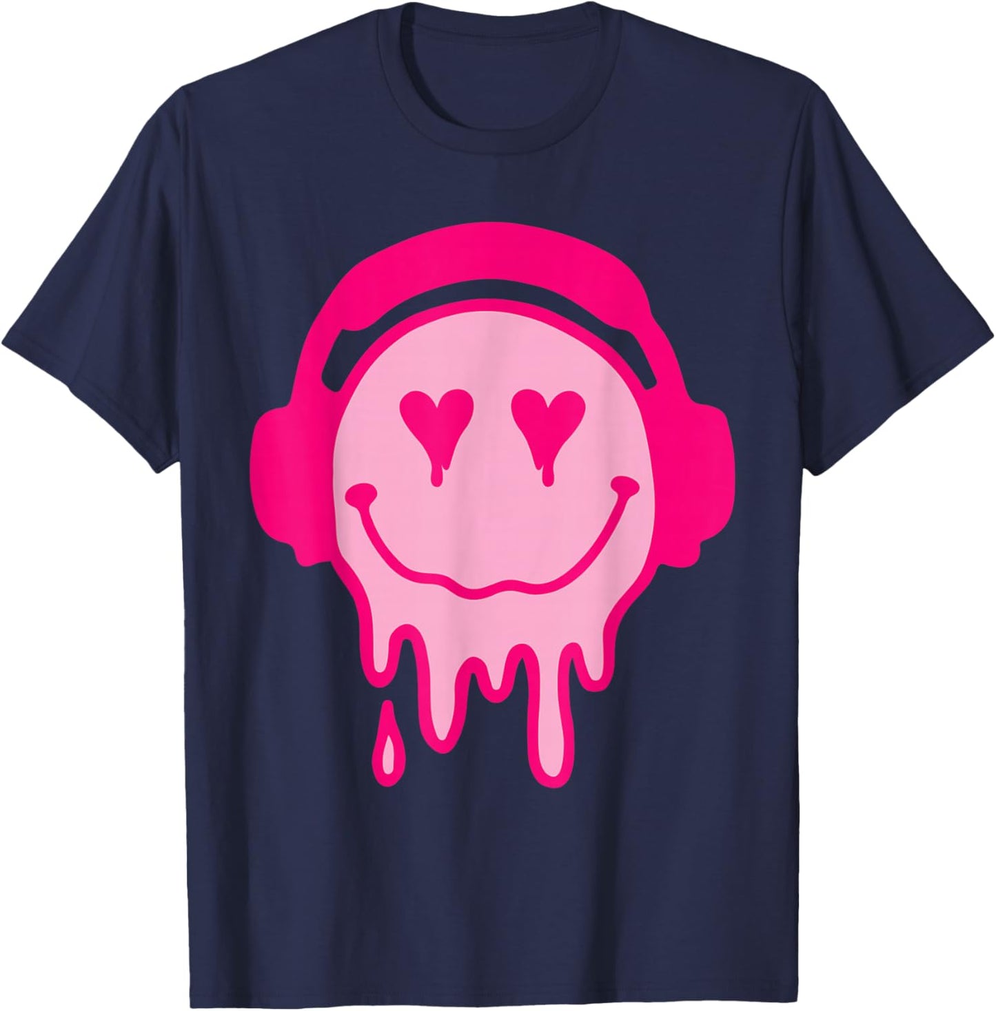 80s Heart Eyes Melting Pink Smile Melted Dripping Happy Face T-Shirt - T-Shirt | Navy