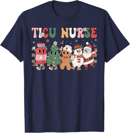 Retro TICU Nurse Christmas Intensive Care Unit Nursing Group T-Shirt - T-Shirt | Navy