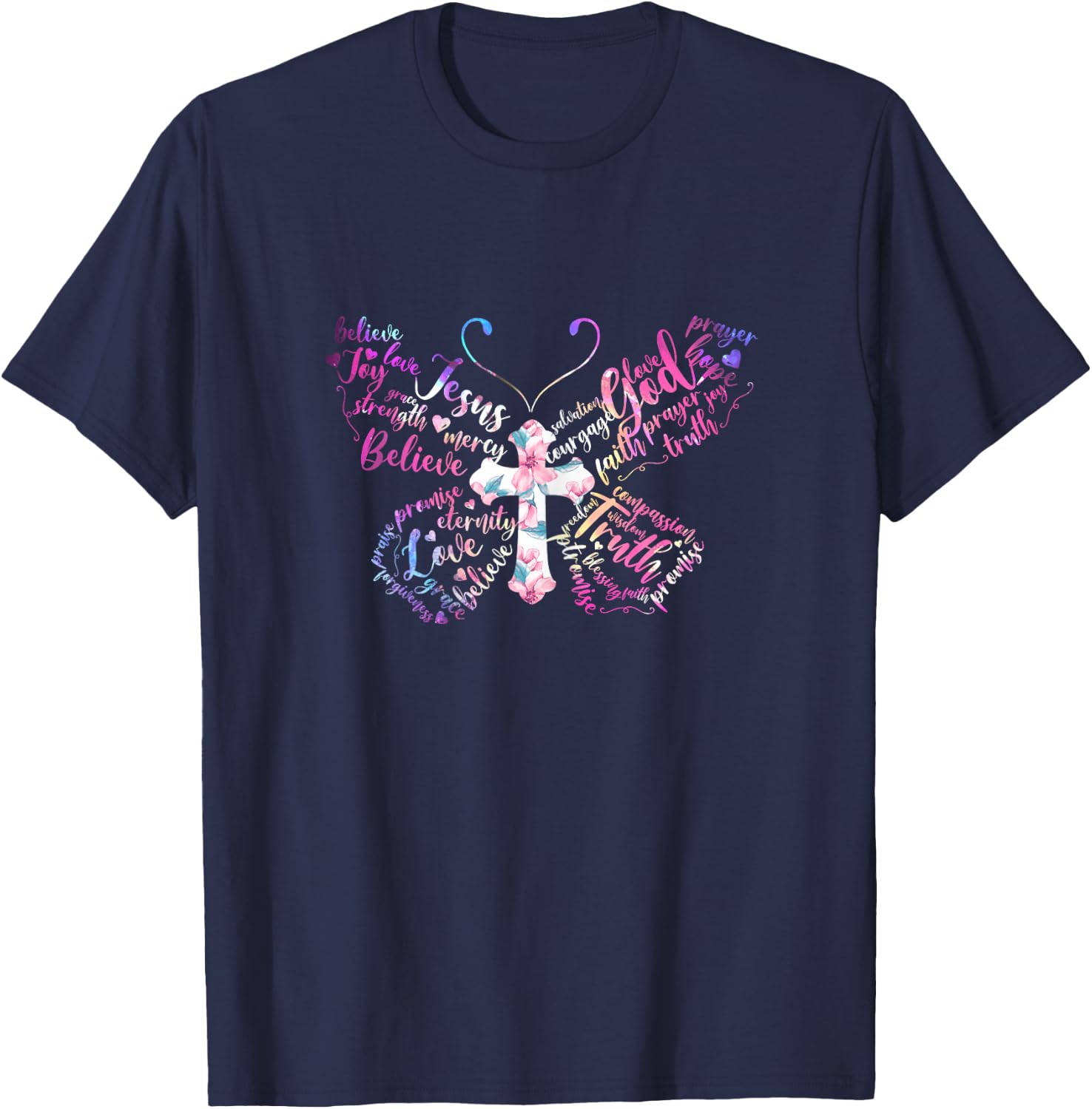 Butterfly Prayer Jesus Christian Cross Floral Pattern T-Shirt - T-Shirt | Navy