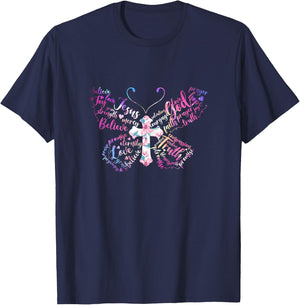 Butterfly Prayer Jesus Christian Cross Floral Pattern T-Shirt - T-Shirt | Navy