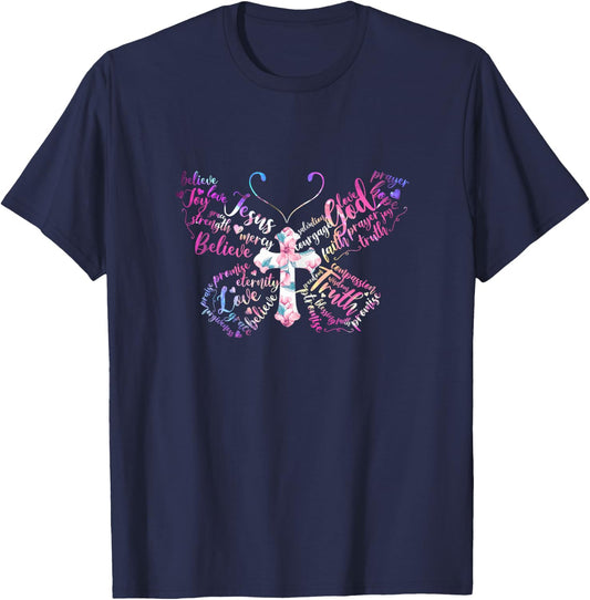 Butterfly Prayer Jesus Christian Cross Floral Pattern T-Shirt - T-Shirt | Navy