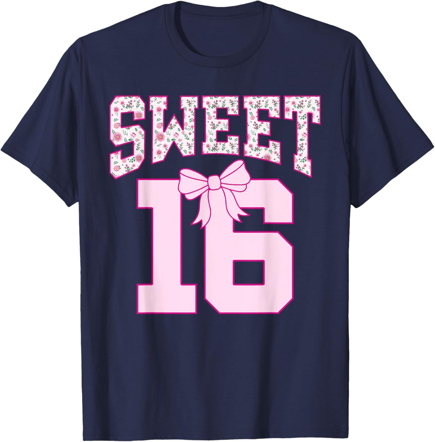 Sweet 16 Coquette Bow Groovy Pink Floral 16th Birthday T-Shirt - T-Shirt | Navy