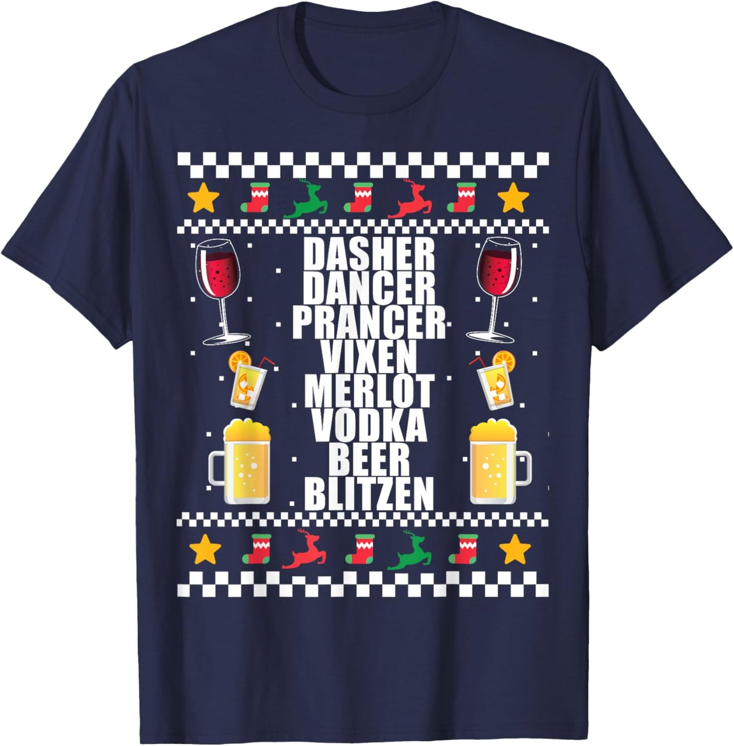 DASHER VODKA BLITZEN Alcohol Reindeer Ugly Christmas Sweater T-Shirt - T-Shirt | Navy