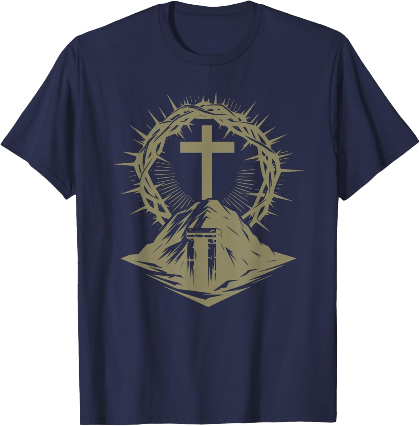 Cross Crown of Thorns Tomb Christian Jesus Easter Church T-Shirt - T-Shirt | Navy