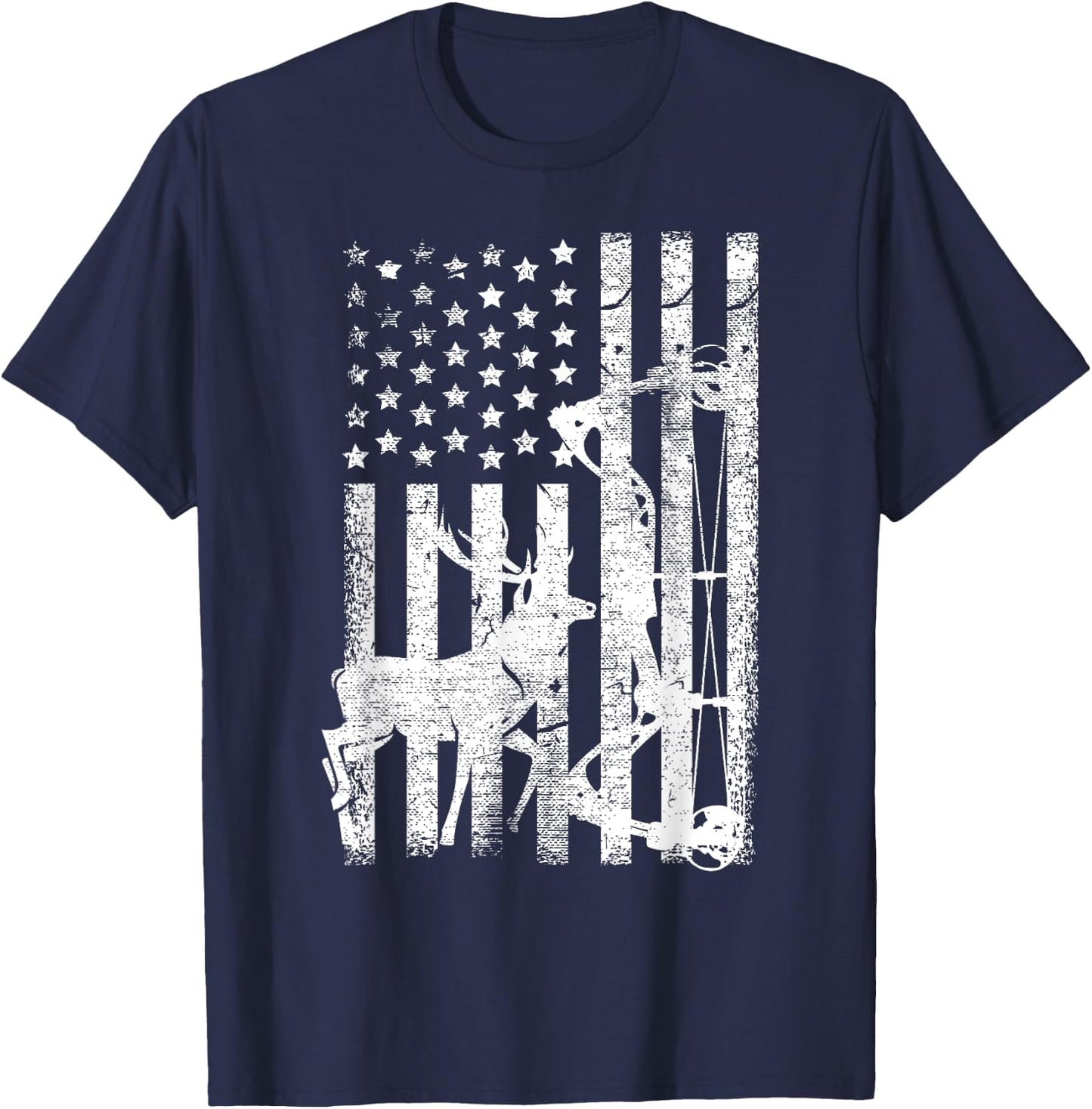 Vintage American Flag Elk Hunting Funny USA Bow Hunters Gift Men T-Shirt - T-Shirt | Navy
