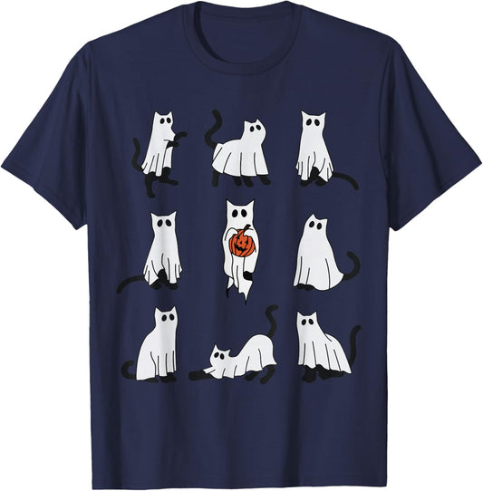 Cute Ghost Cat Funny Halloween Cat Design ghost cat T-Shirt - T-Shirt | Navy