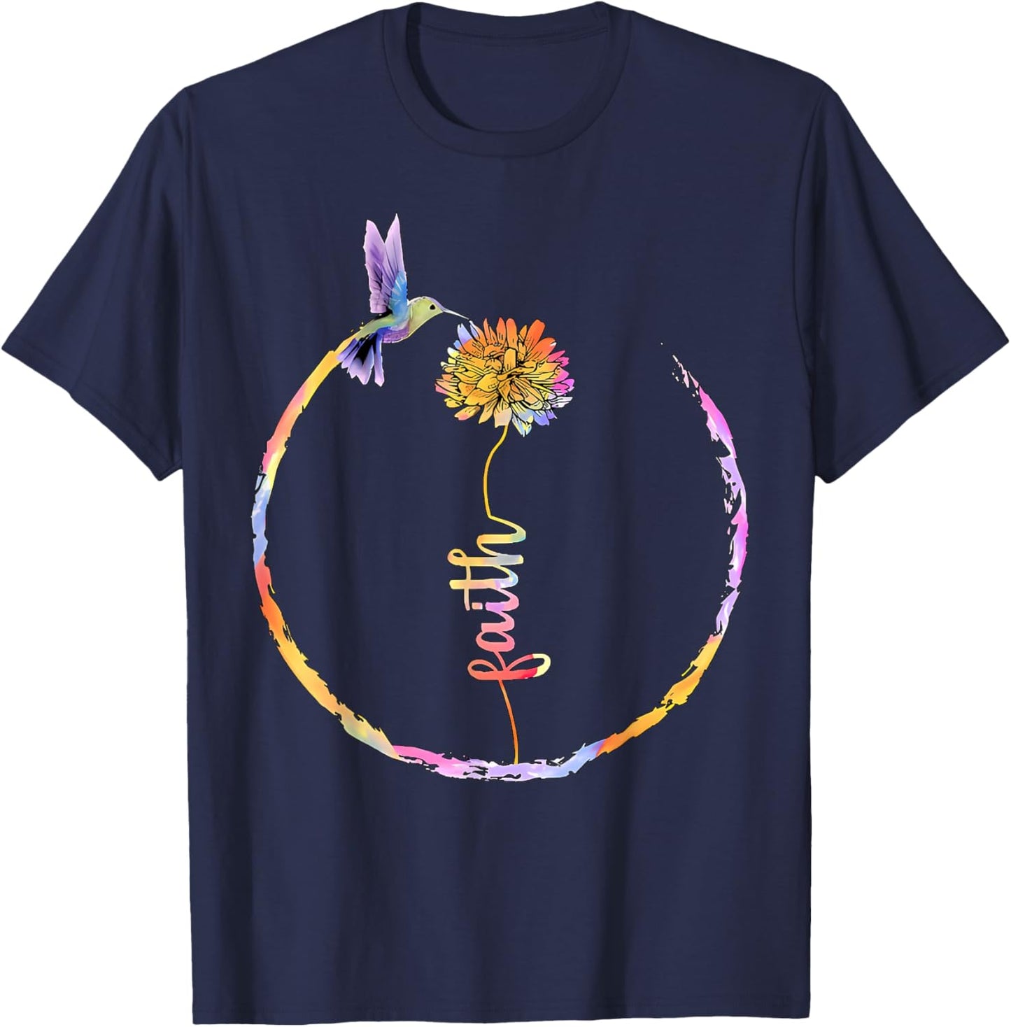 Watercolor Faith Bird Flower Hummingbird Christian Religious T-Shirt - T-Shirt | Navy