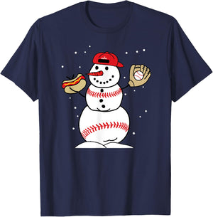 Baseball Snowman Snow Bro Winter Christmas Holiday T-Shirt - T-Shirt | Navy