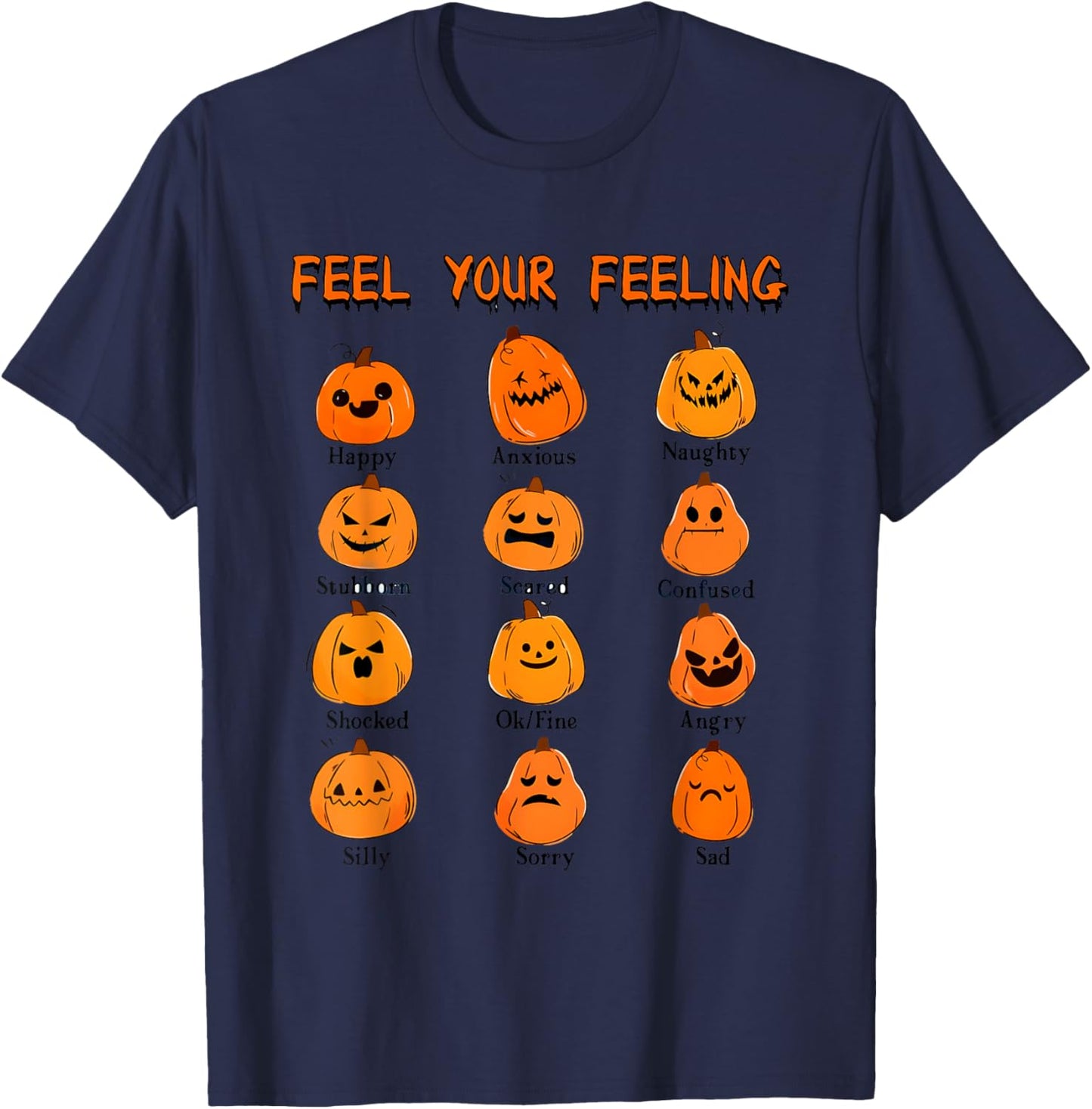 Retro Feel Your Feeling Halloween Pumpkin Face Expressions T-Shirt - T-Shirt | Navy