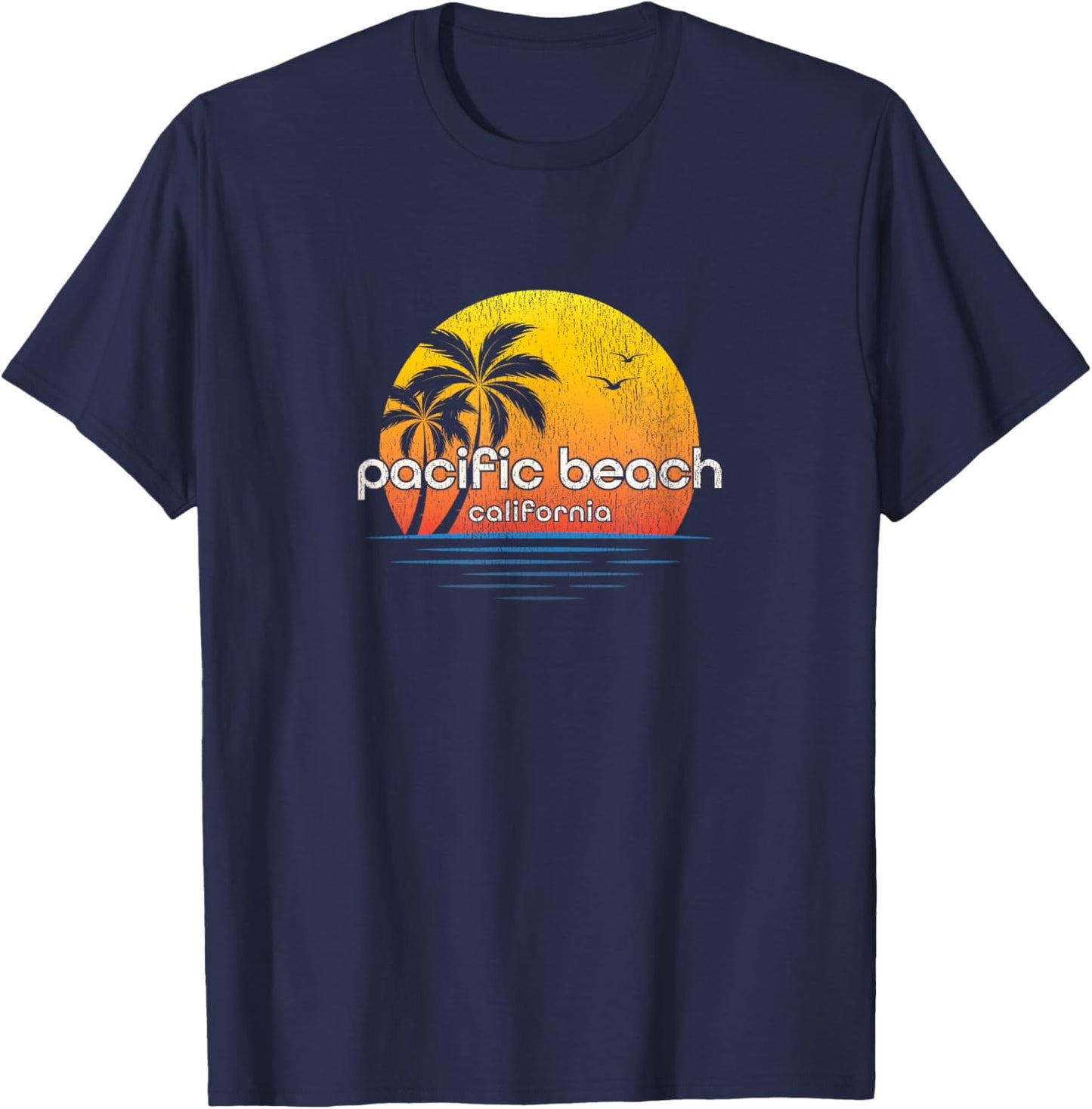 Pacific Beach CA Vintage Palm Tree Sunset T-Shirt - T-Shirt | Navy