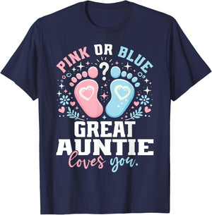 Pink or Blue Great Auntie Footprints Gender Reveal T-Shirt - T-Shirt | Navy