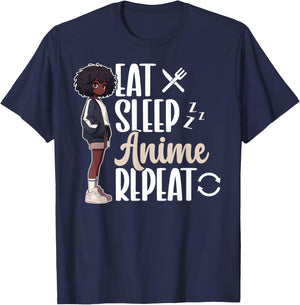 Eat Sleep Anime Repeat African American Afro Anime Merch T-Shirt - T-Shirt | Navy