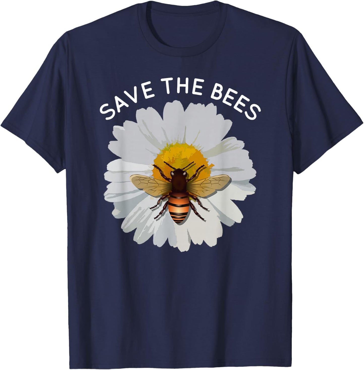Save The Bees Daisy & Bee White and Yellow Blossom Flower T-Shirt - T-Shirt | Navy