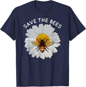 Save The Bees Daisy & Bee White and Yellow Blossom Flower T-Shirt - T-Shirt | Navy