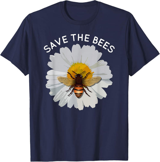 Save The Bees Daisy & Bee White and Yellow Blossom Flower T-Shirt - T-Shirt | Navy