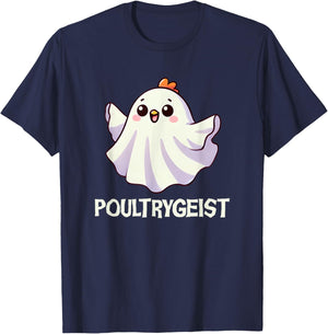 "Poultrygeist" Funny Spooky Cute Boo Chicken Ghost Pun T-Shirt - T-Shirt | Navy