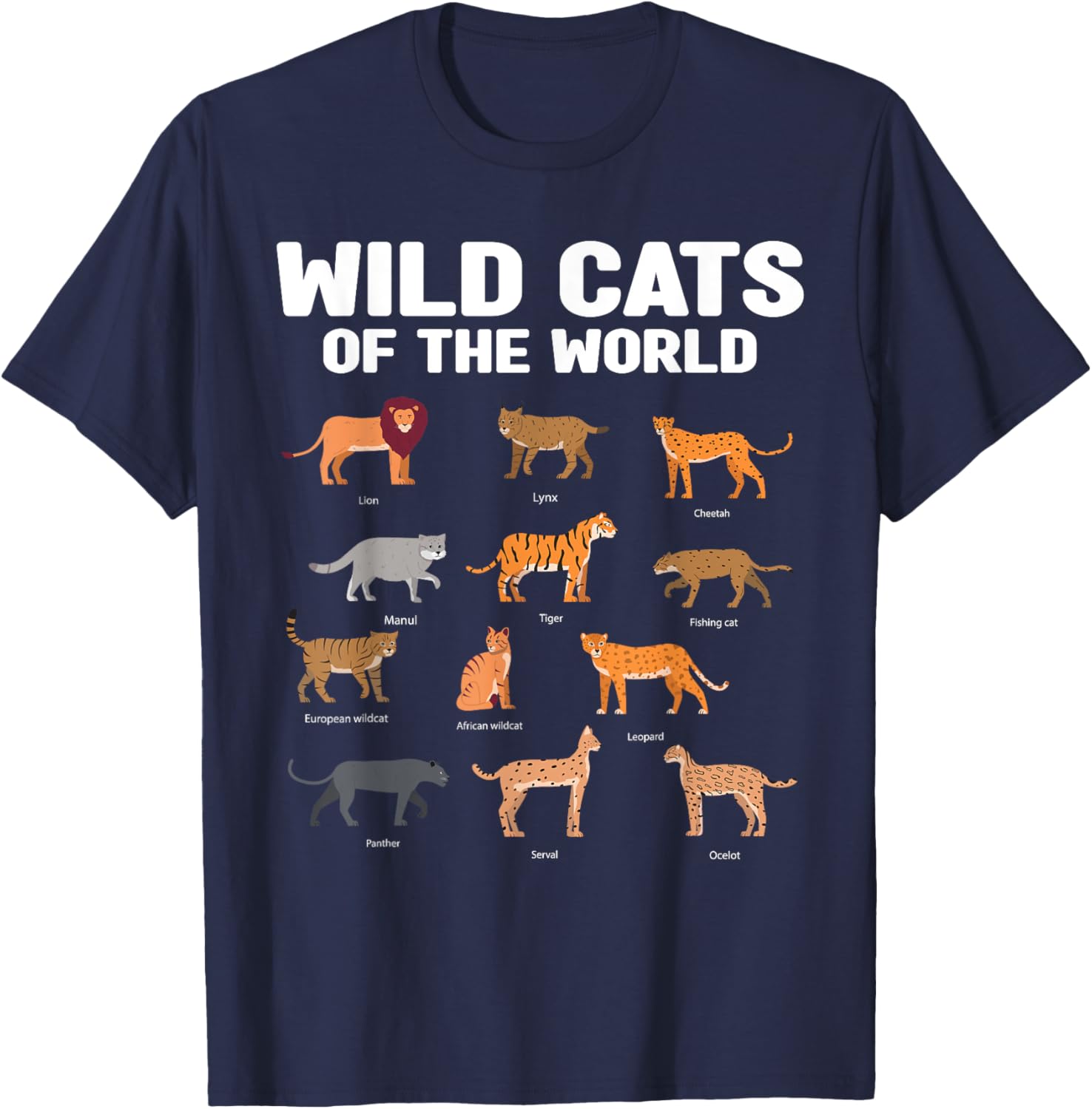 Wild Cats of the World Lion Tiger T-Shirt - T-Shirt | Navy
