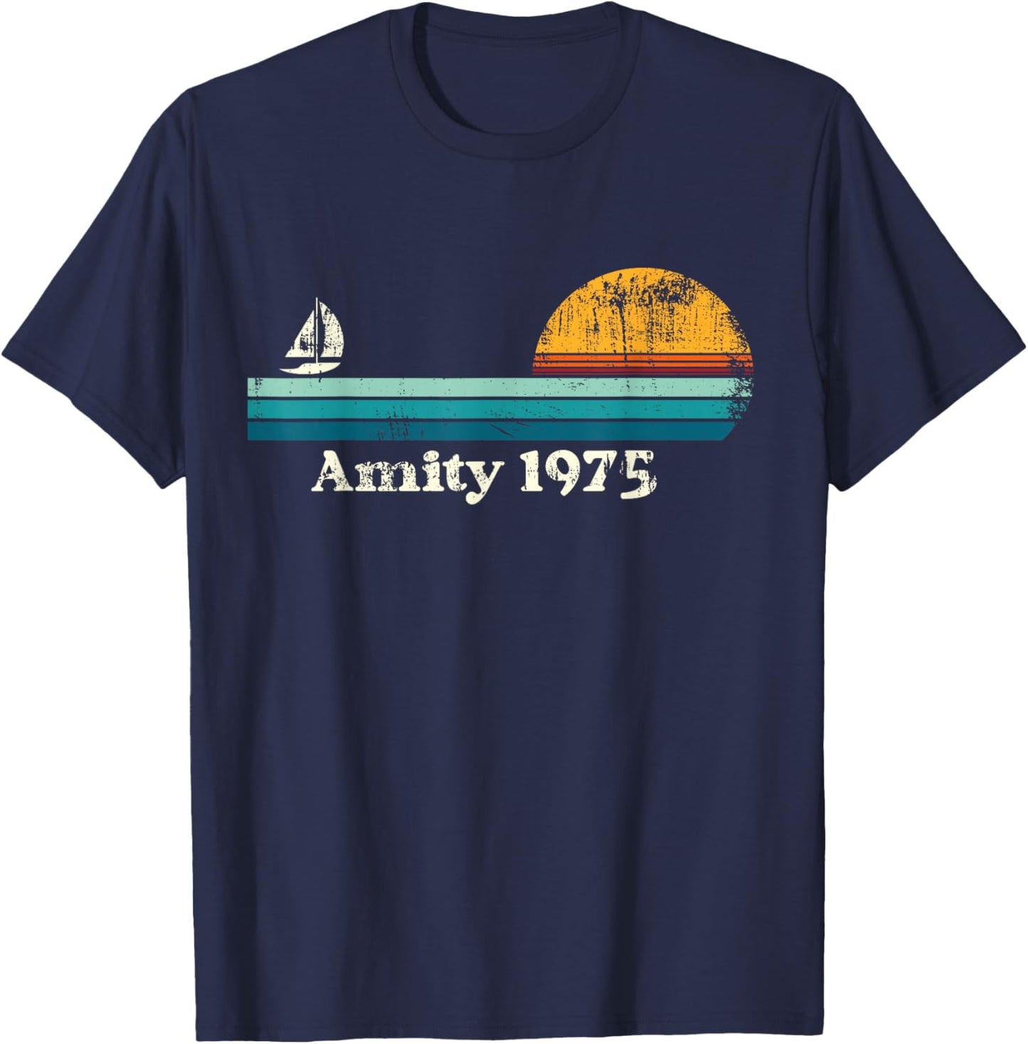 Vintage Amity 1975 Sunset Retro Sailboat Sunrise Summer T-Shirt - T-Shirt | Navy