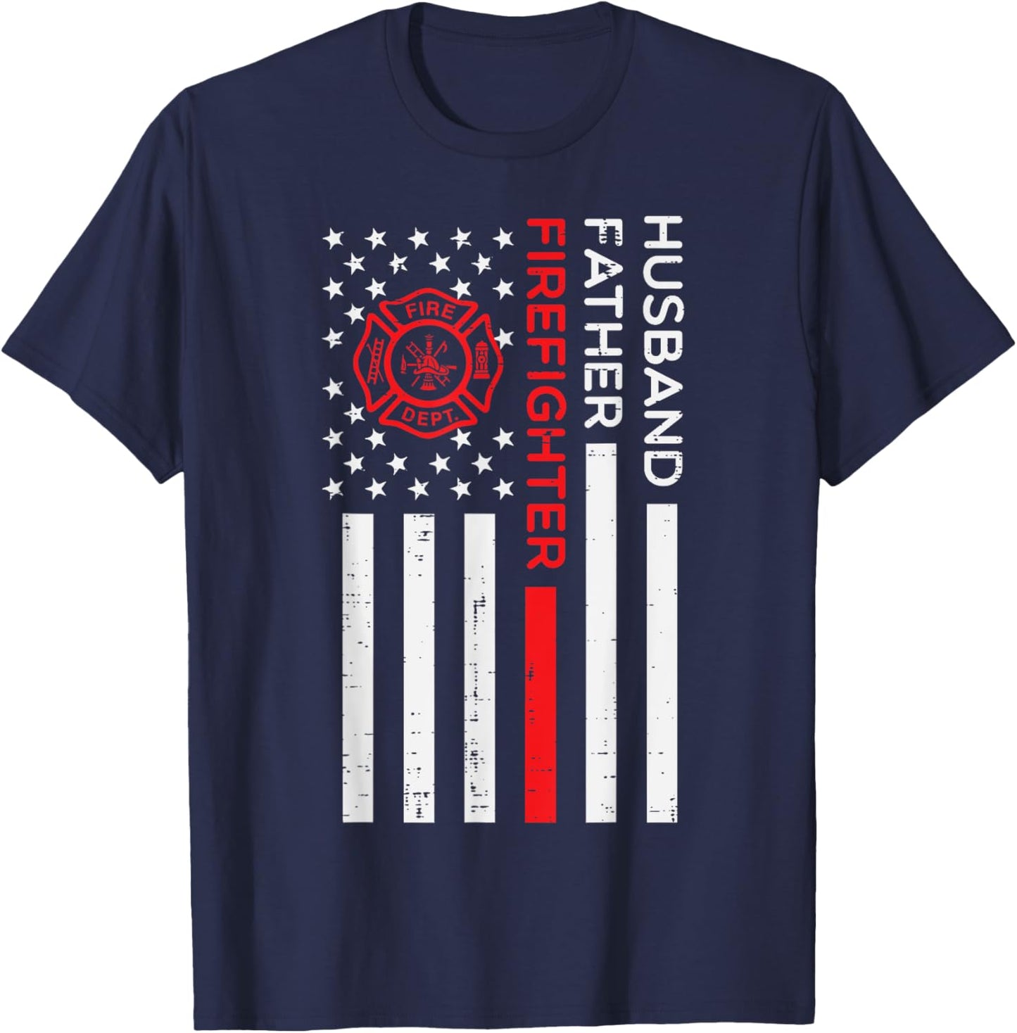 Husband Father Firefighter US Flag Fathers Day Fireman Men T-Shirt - T-Shirt | Navy