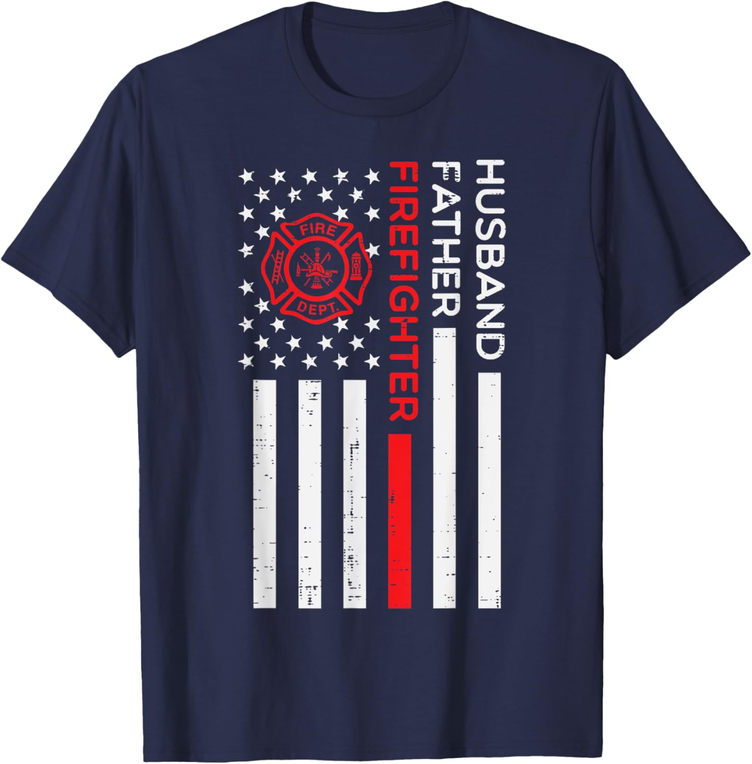 Husband Father Firefighter US Flag Fathers Day Fireman Men T-Shirt - T-Shirt | Navy