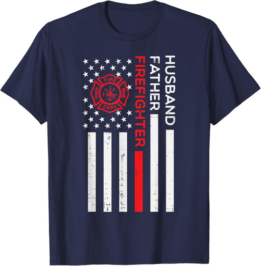 Husband Father Firefighter US Flag Fathers Day Fireman Men T-Shirt - T-Shirt | Navy