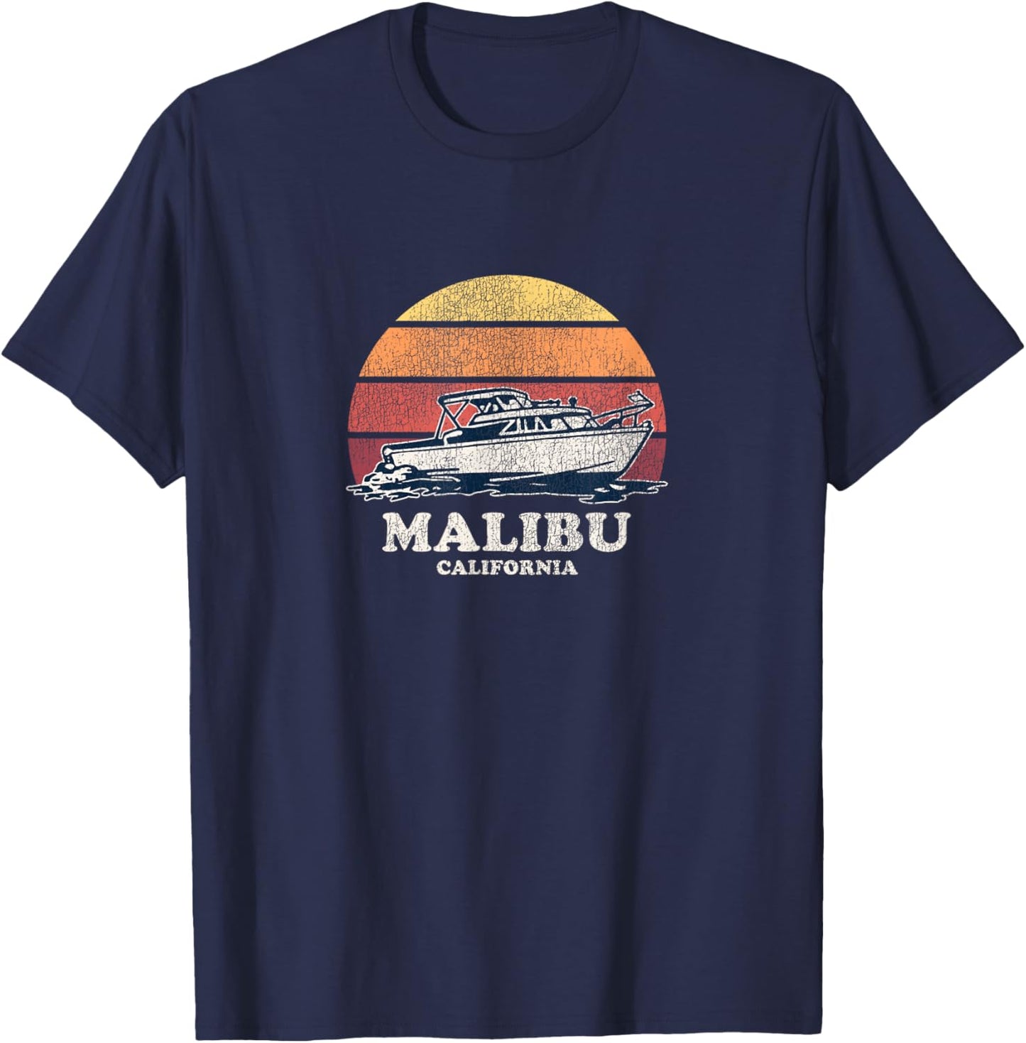 Malibu CA Vintage Boating 70s Retro Boat Design T-Shirt - T-Shirt | Navy