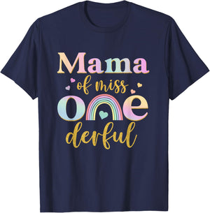 Mama of Miss Onederful 1st Birthday Girl Cute Rainbow T-Shirt - T-Shirt | Navy