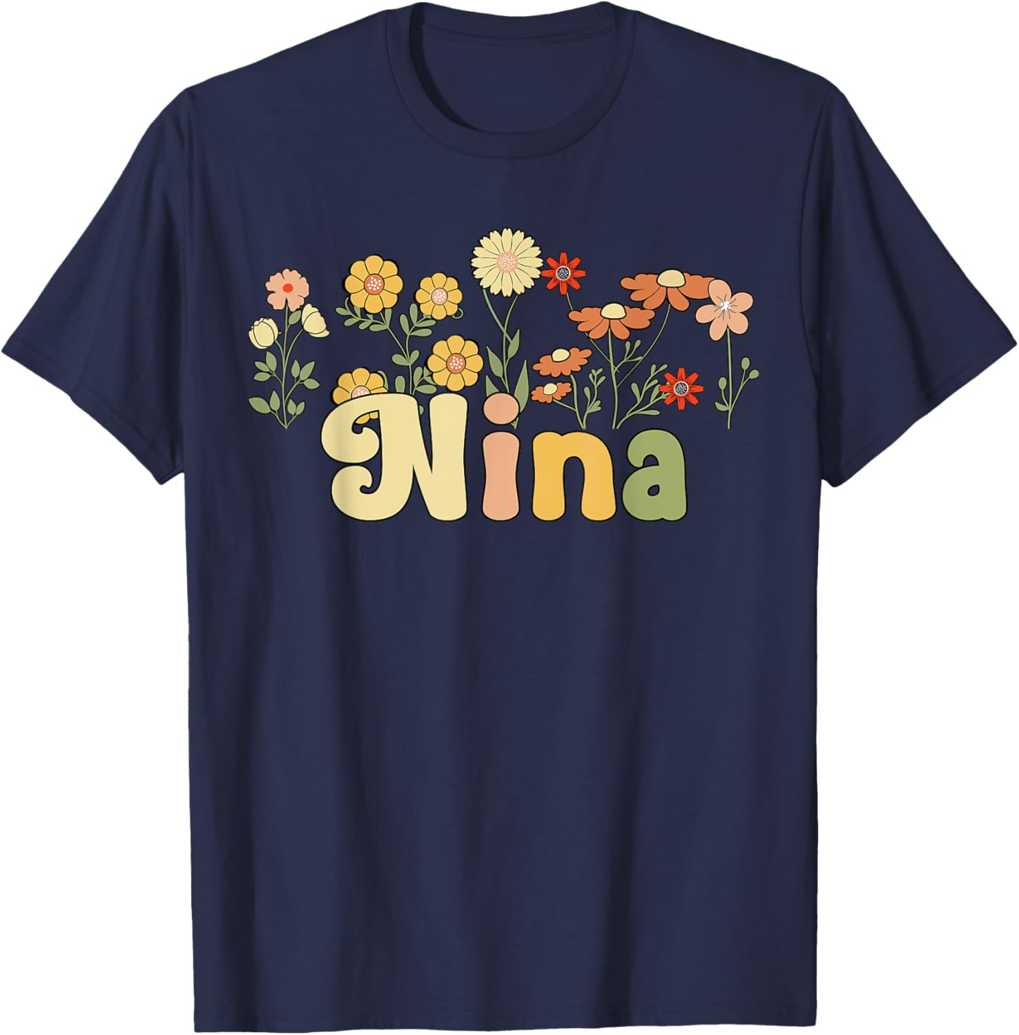 Groovy Nina Grandmother Flowers Nina Grandma T-Shirt - T-Shirt | Navy
