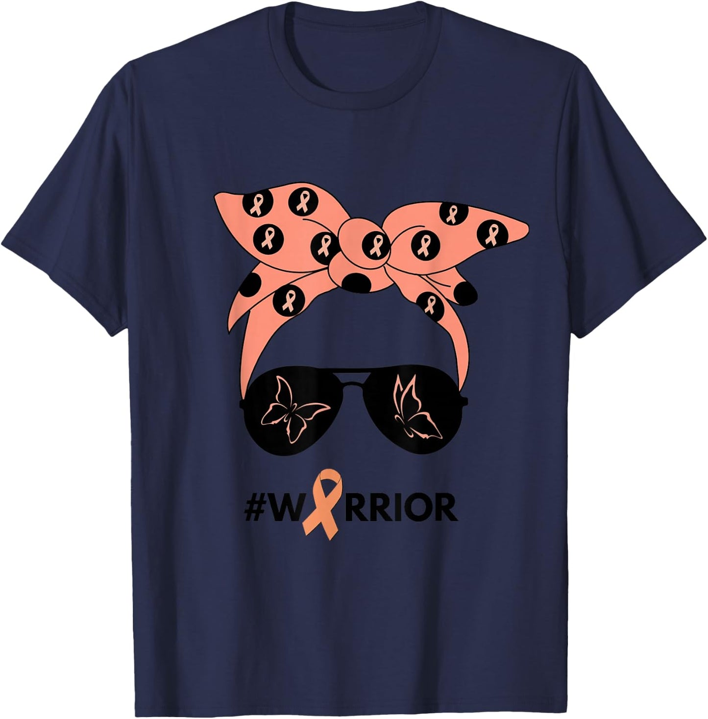 Peach Ribbon Uterine Endometrial Cancer Warrior Bandana T-Shirt - T-Shirt | Navy