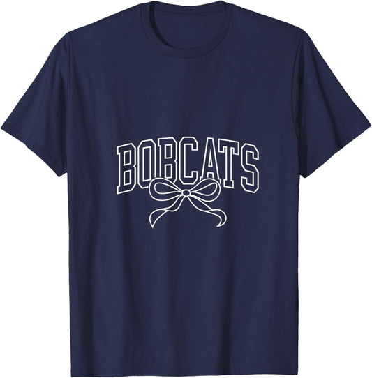 Coquette Bow Bobcats Back to School Team Spirit V-Neck T-Shirt - T-Shirt | Navy