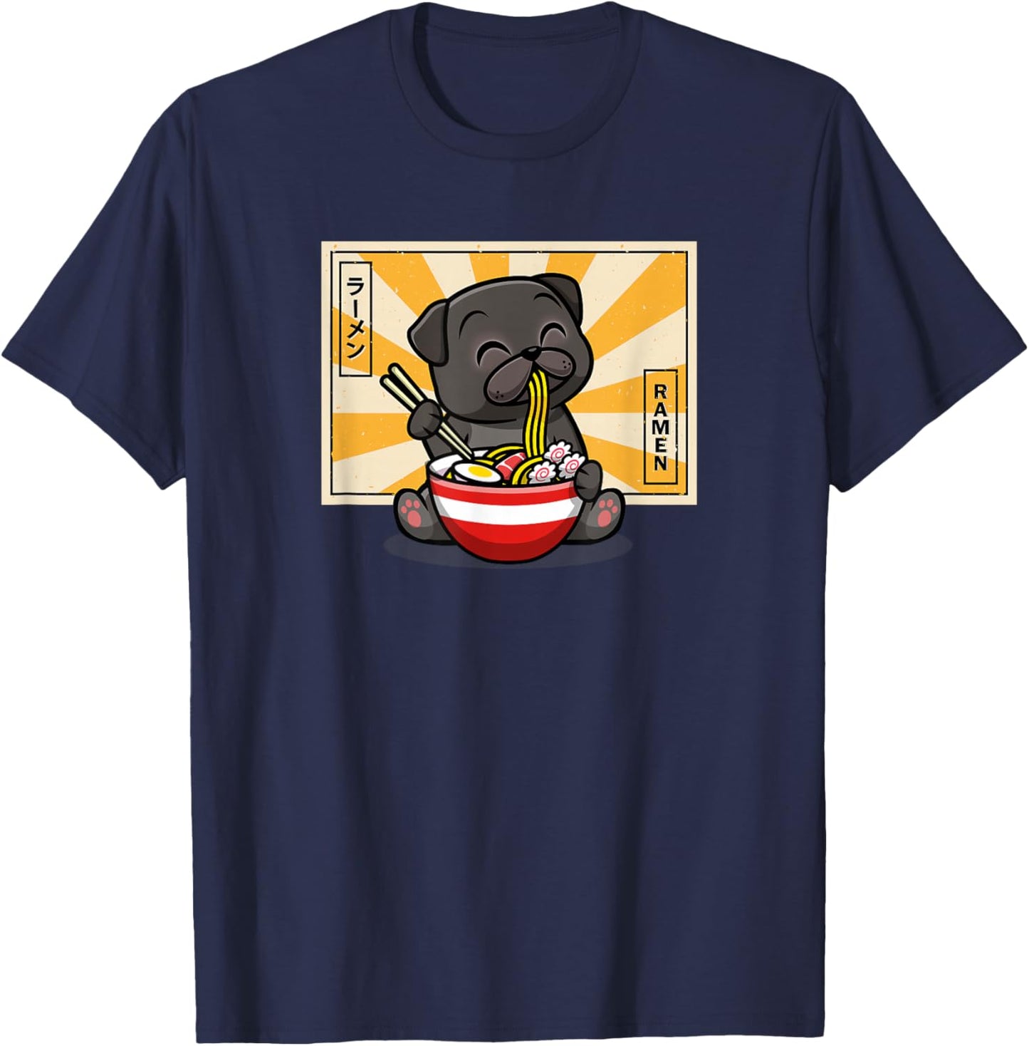Funny Cartoon Japanese Kawaii Kids Ramen Black Pug Lover T-Shirt - T-Shirt | Navy